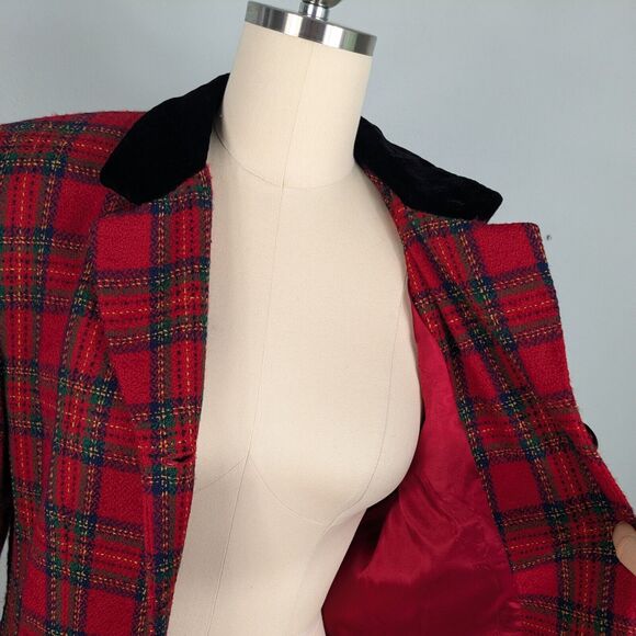 Vintage Talbots Blazer Jacket Plaid Velvet Tartan Holiday Christmas Wool Red 12 - Picture 8 of 13